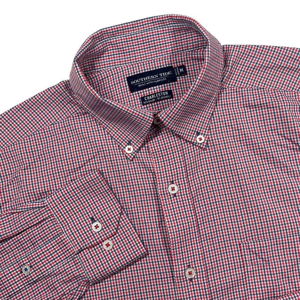 Southern Tide Button Down Mens Medium Red Blue Charleston Performance Gingham